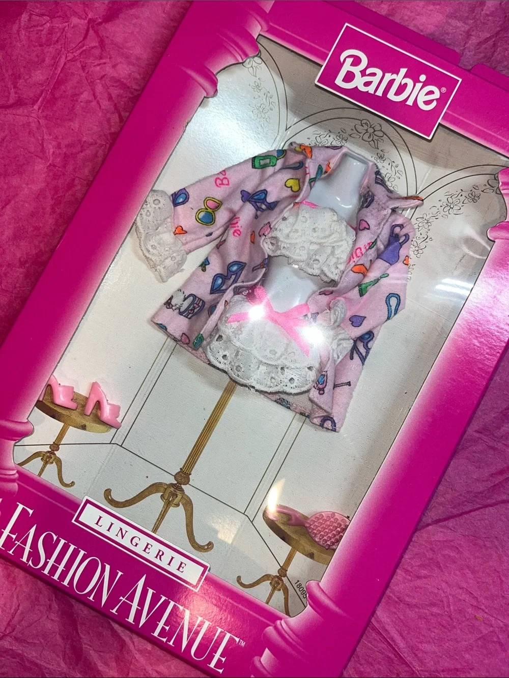 Mattel Barbie Pink Printed Robe with White Lace Lingerie Set